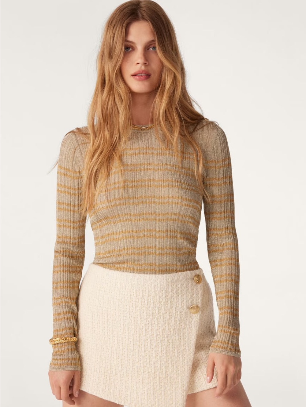 ba&sh Striped Ribbed Long Sleeve Top in Mustard and Beige